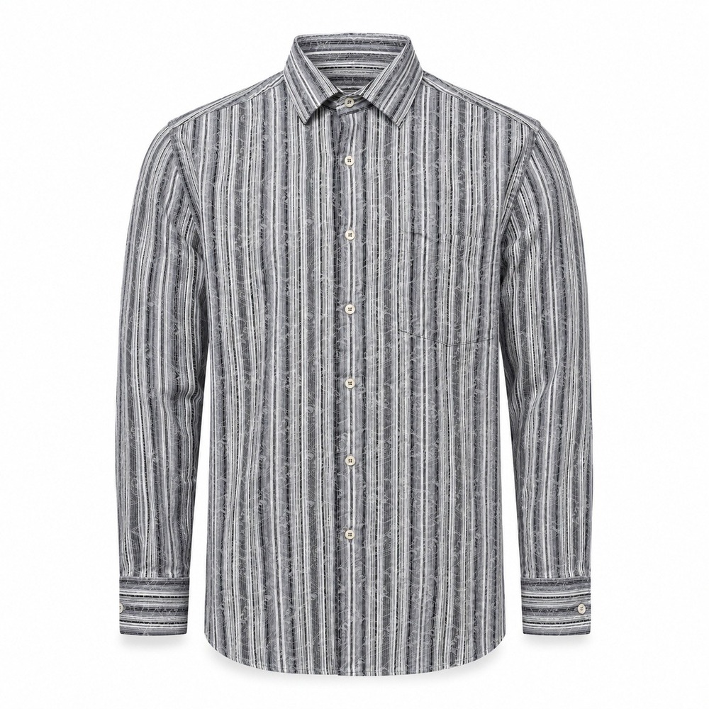 Bugatchi Uomo Shirt Men Large Grey Striped Paisley Shaped Fit Long Sleeve Cotton